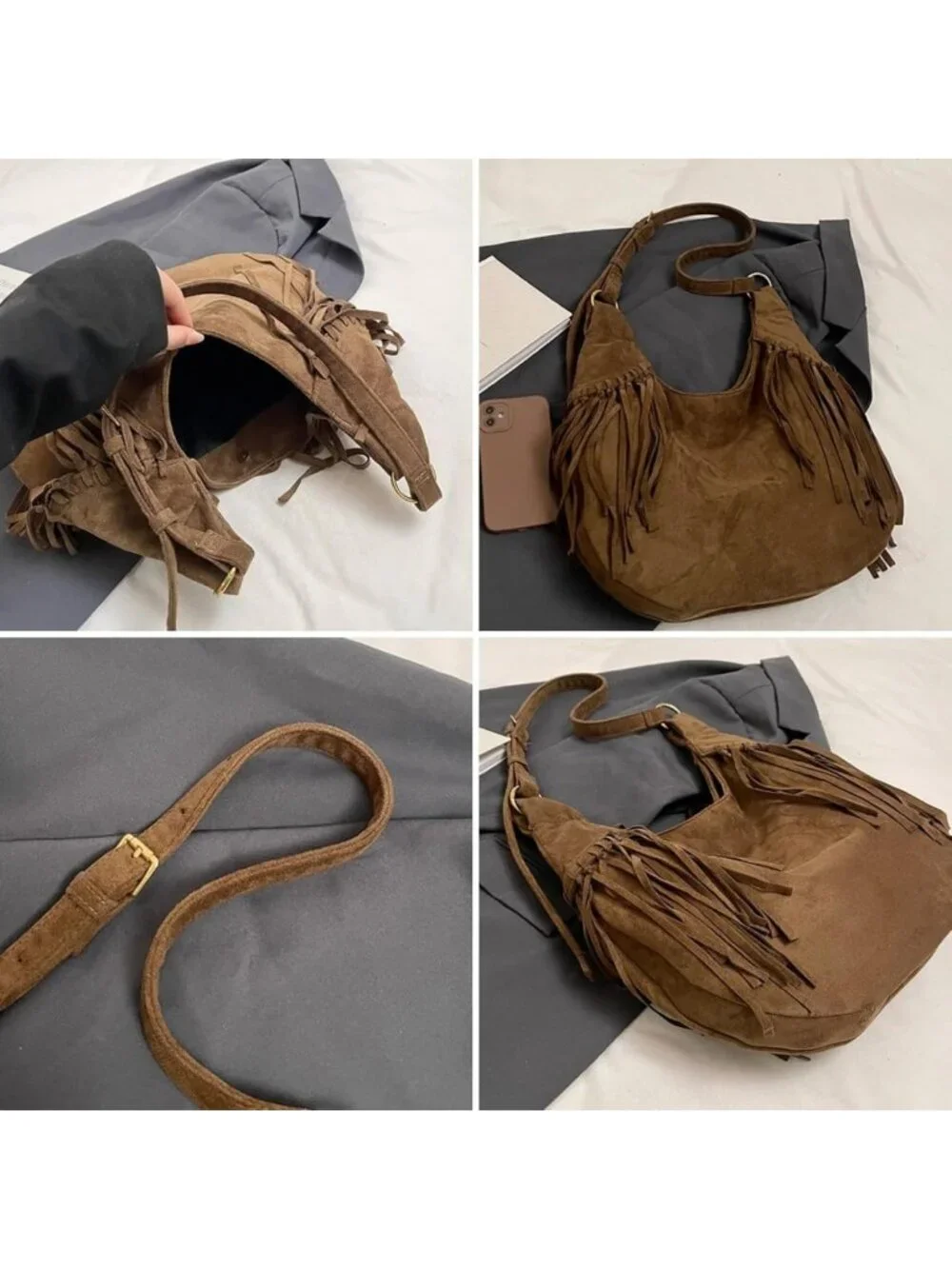 Vintage Suede Fringe Hobo Tote Bag | Western Cowgirl Crossbody Purse